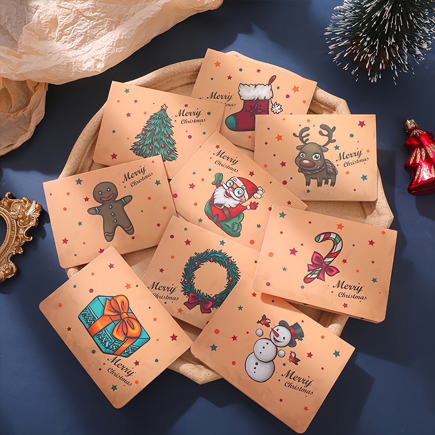 9pcs Christmas Greeting Cards Cartoon Blessing Messages