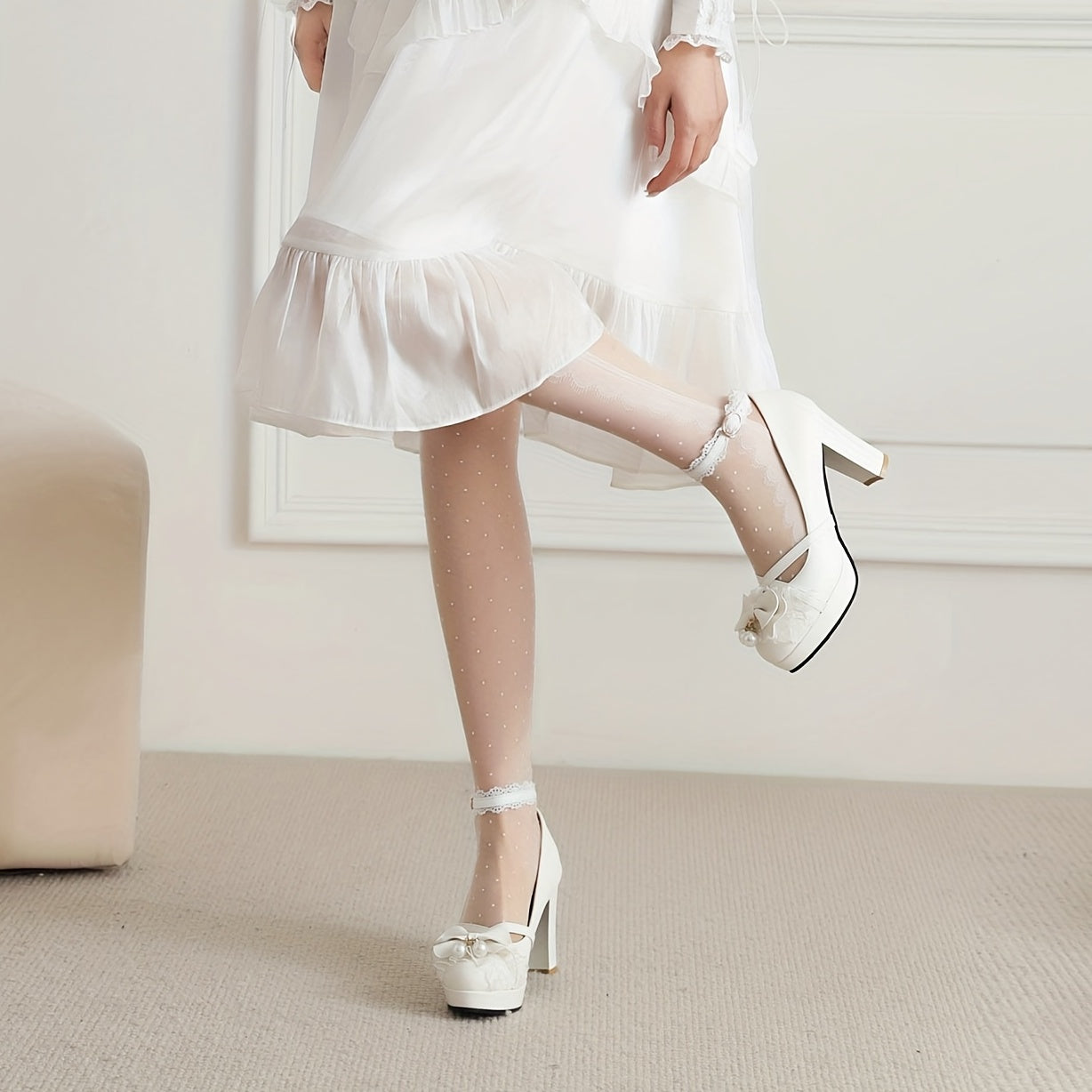 Women's Lolita Pumps Platform Heels Lace Bow Ankle Strap Block Heels