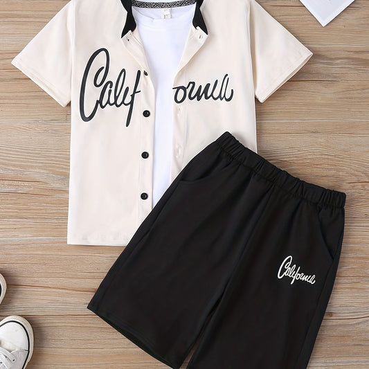 Boys Short Sleeve Button Down Shirt & Shorts 2 Piece Outfits CALIFORNIA Print