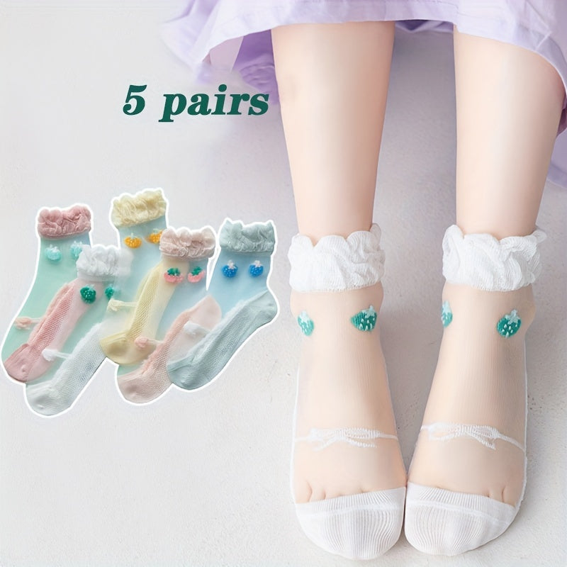 5 Pairs Kids Ice Stockings Ultra-thin Mesh Crystal Socks Cotton Strawberry Lace