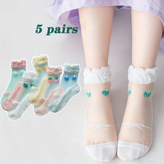 5 Pairs Kids Ice Stockings Ultra-thin Mesh Crystal Socks Cotton Strawberry Lace