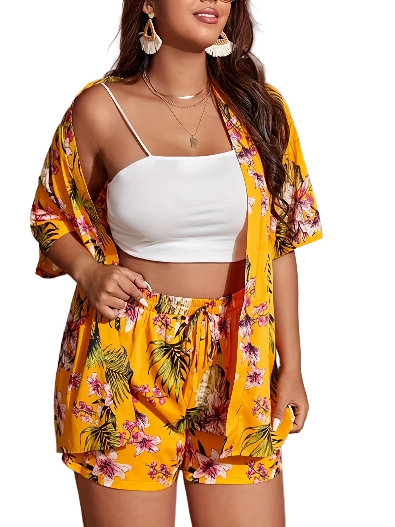 Women's Plus Tropical Print Shirt & Shorts Set