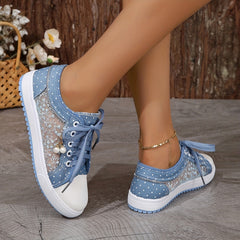 Women's Mesh Sneakers Outdoor Shoes Lightweight Pearl Buckle Decor Shoes