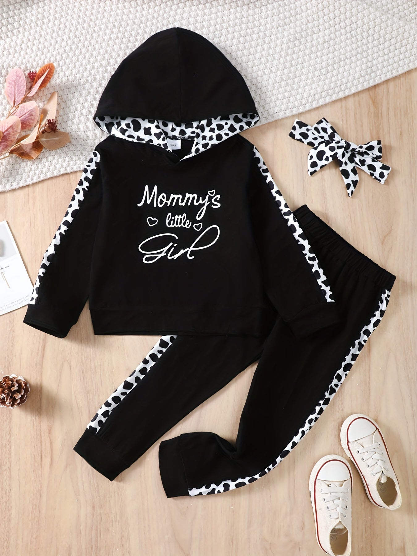 Girl's Set: Hooded Top, Leopard Print Pants & Headband