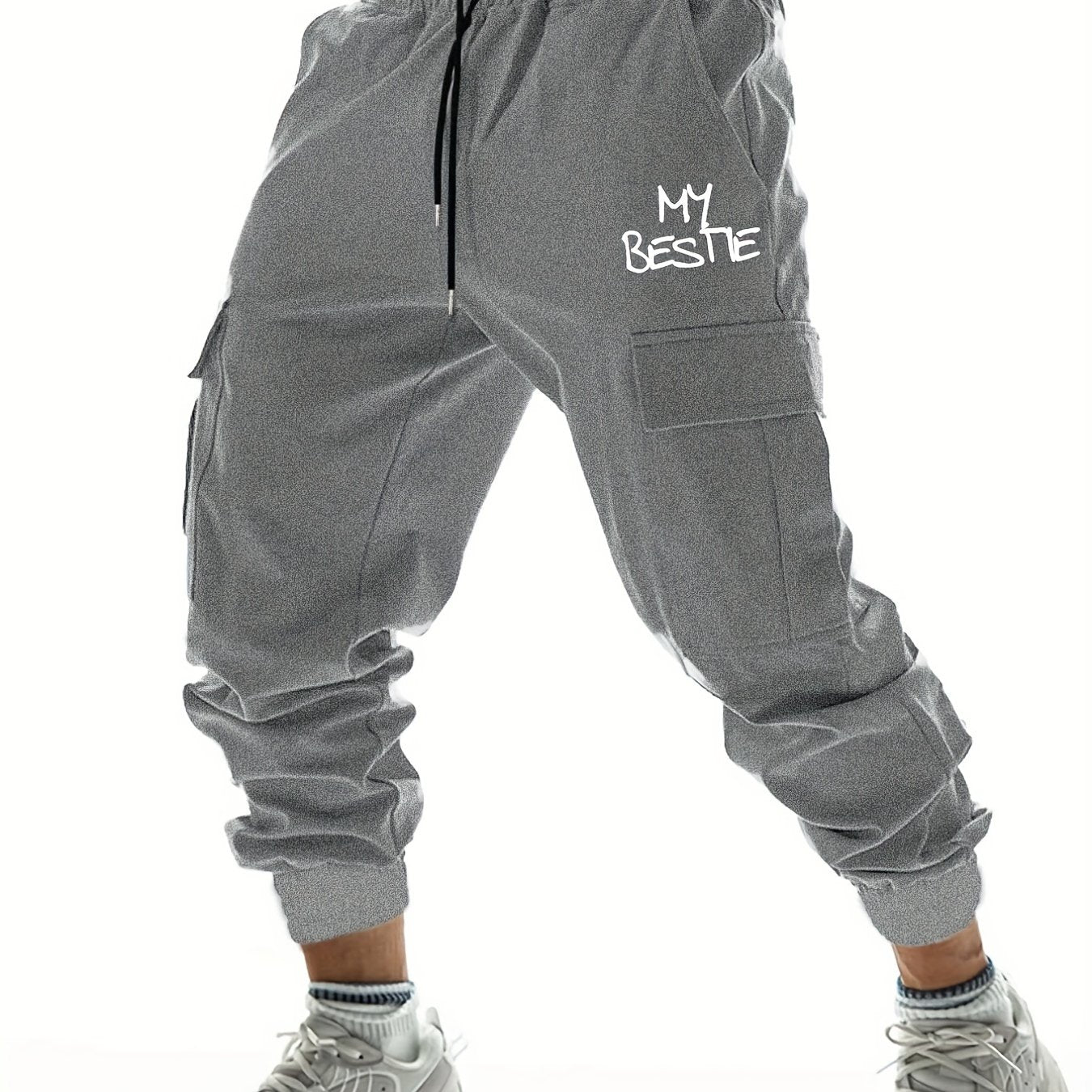 Bestie Letter Print Casual Men's Cargo Pants with Pockets