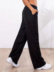 Solid Elastic Waist Straight Leg Pants Casual Loose Drape Pocket Pants