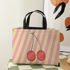 Striped Cherry Printed Lunch Bag Large Capacity Waterproof Insulated Bag