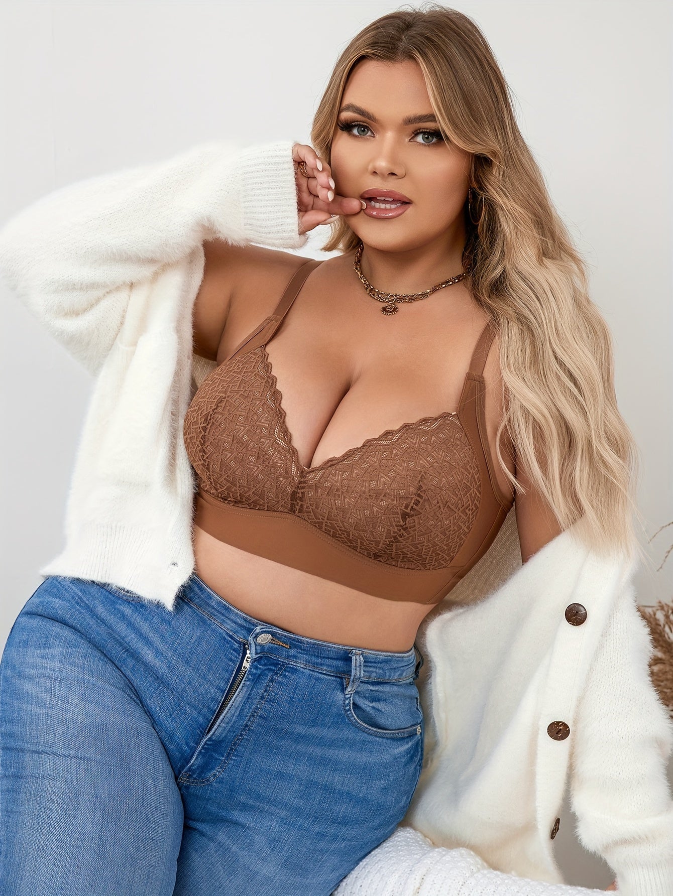 Plus Size Sexy Bra Women's Plus Contrast Lace Wireless Wave