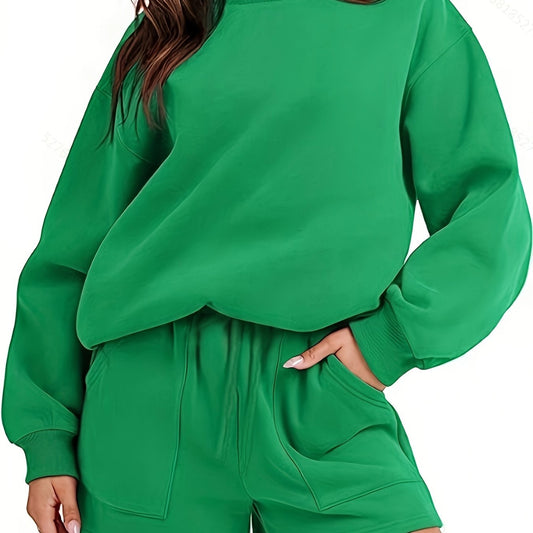 Solid Long Sleeve Top & Shorts Set Women's Casual 2 Piece