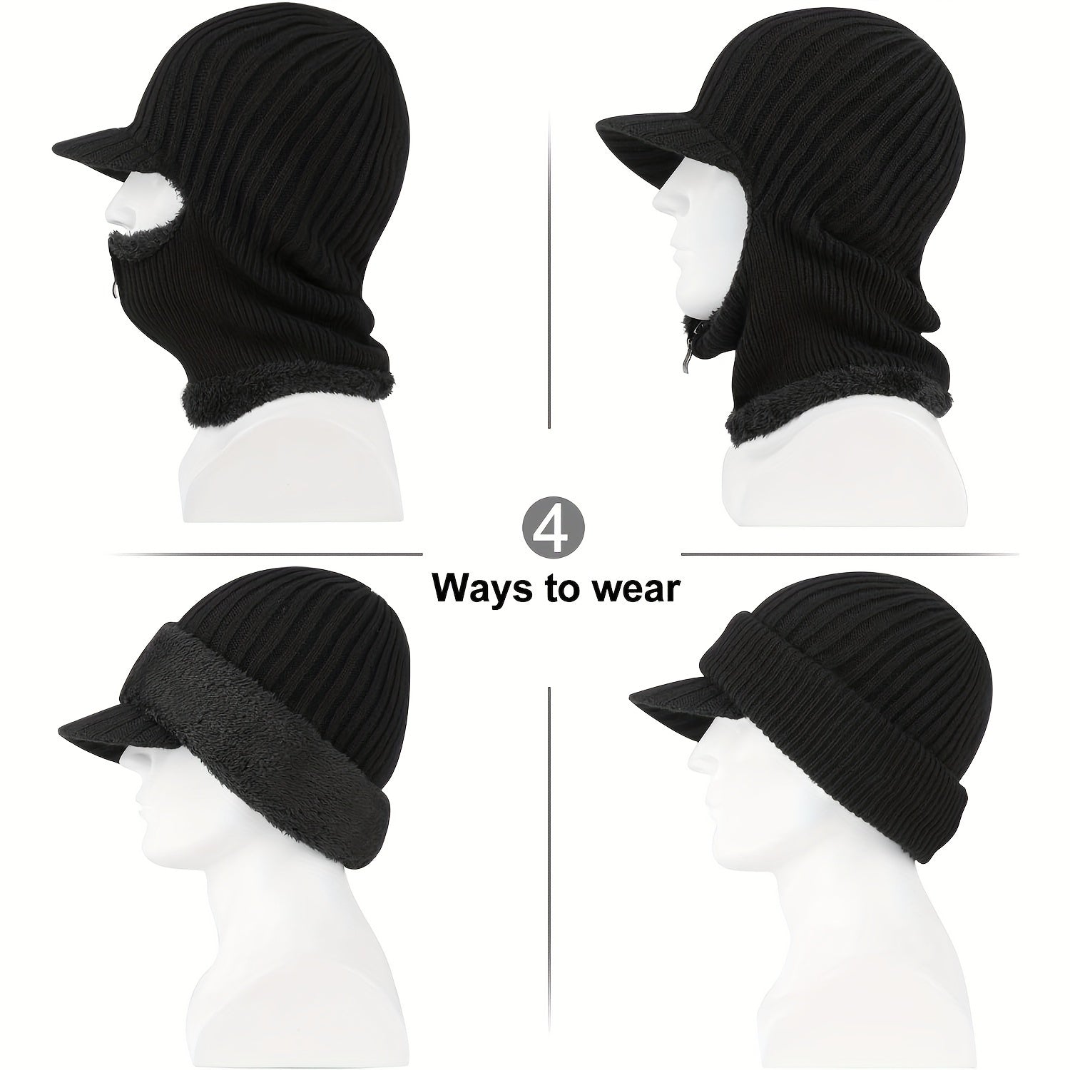 Winter Knitted Hat with Zipper Mask Velvet Thick Hat Scarf