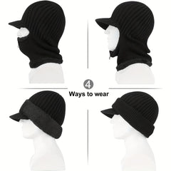Winter Knitted Hat with Zipper Mask Velvet Thick Hat Scarf