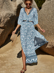 Boho Floral Print 2pc Set Knot V-Neck Tops & High Waist Split Thigh Skirt