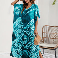 Boho Cover Up Tie Dye Batwing Sleeve V Neck Kaftan Beach Dress