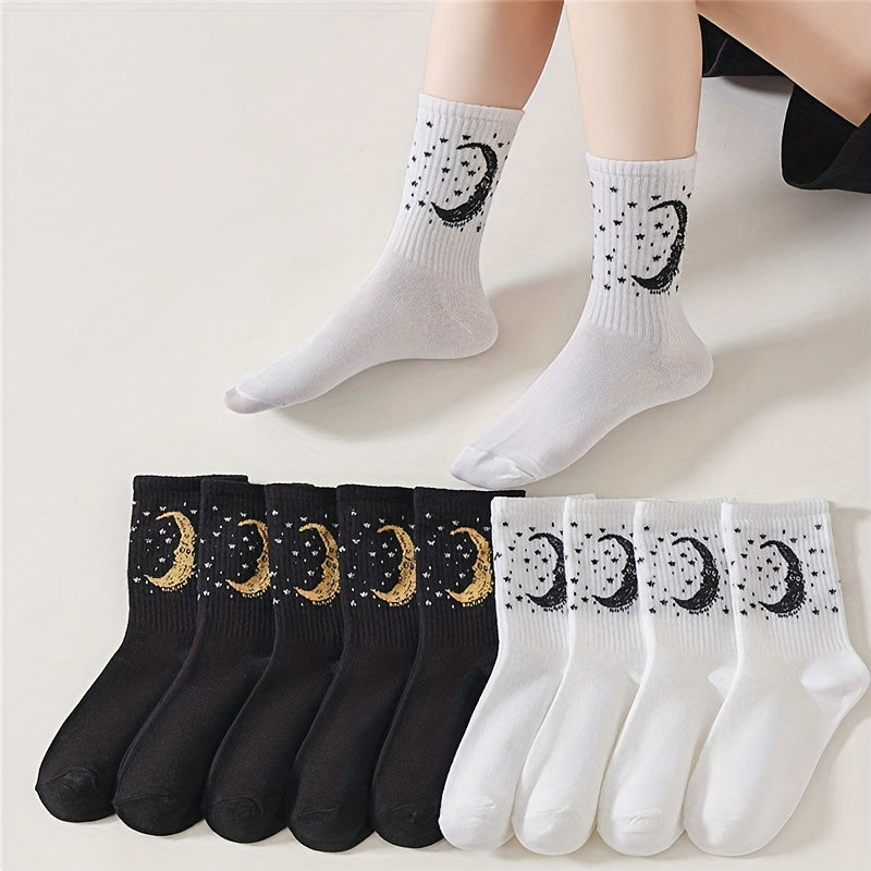 10 Pairs Star & Moon Print Socks Halloween Mid Tube Women's Stockings