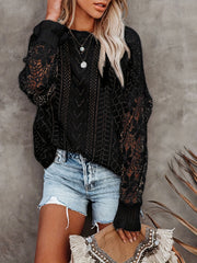 Lace Eyelet Knit Sweater Crew Neck Long Sleeve Women's Clothing