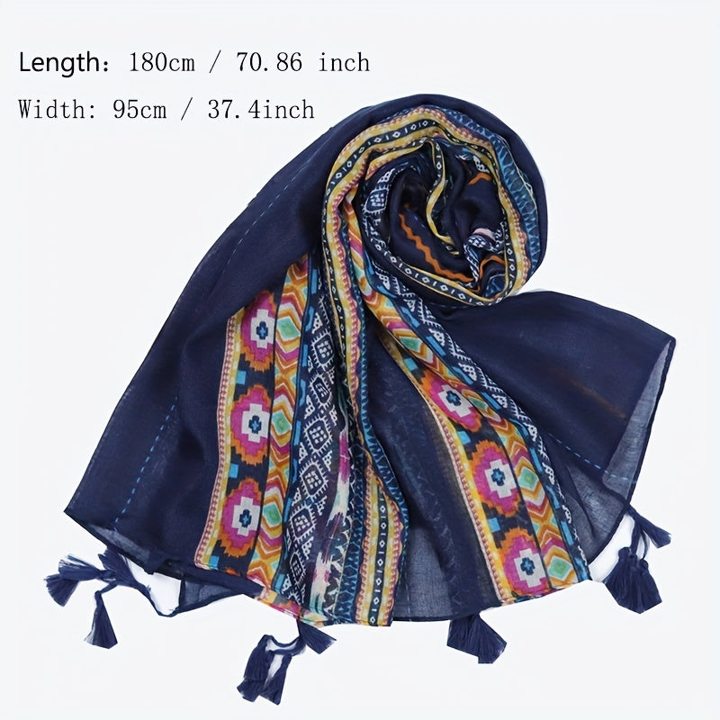 Navy Boho Tassel Scarf Vintage Pop Stripe Print Voile Block Long Shawl