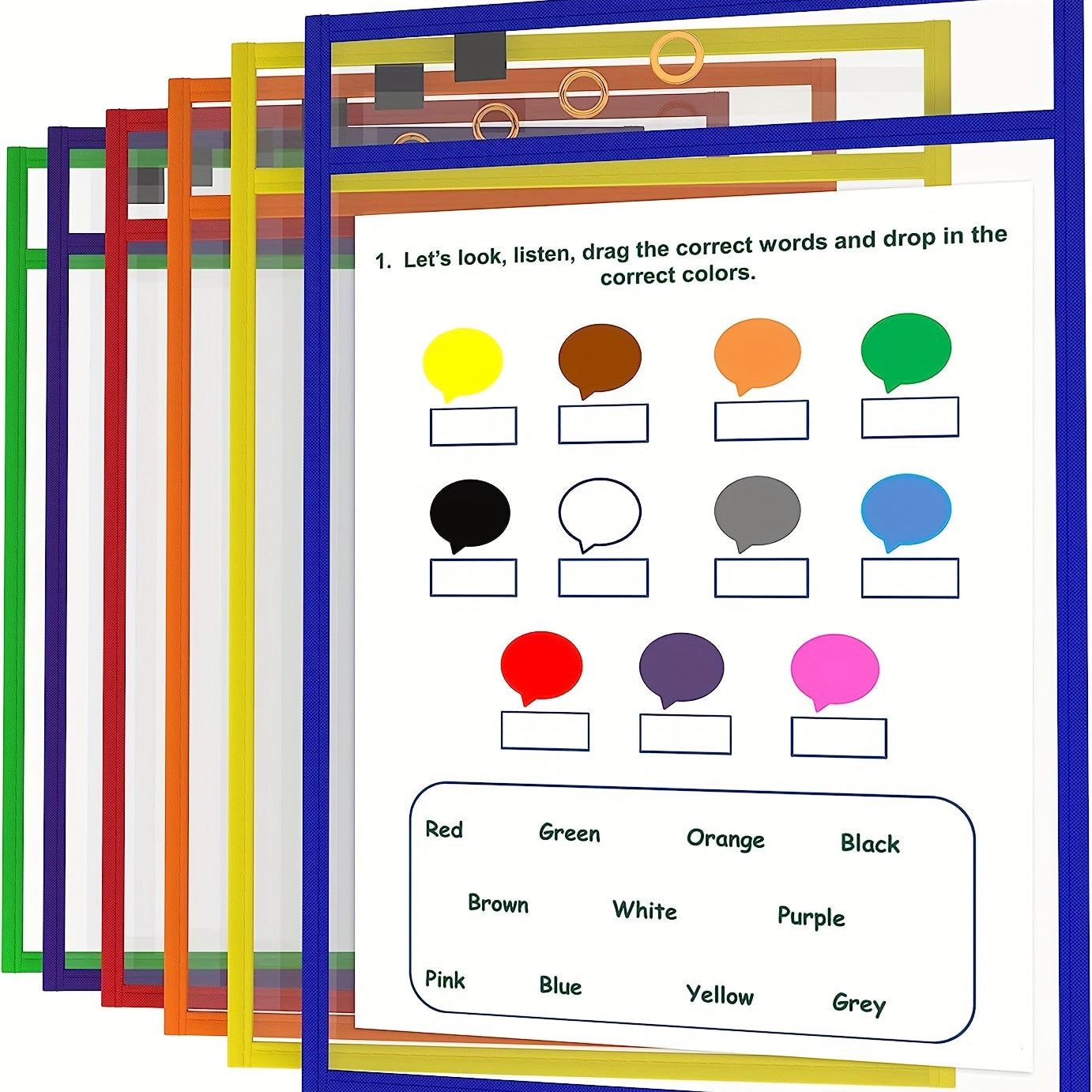 4 Sets Dry Erase Pockets Reusable with Marker Holder Colorful Sleeves