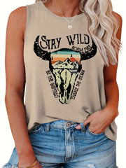 Casual Tank Top Women's Plus Slogan & Cow Print Round Neck