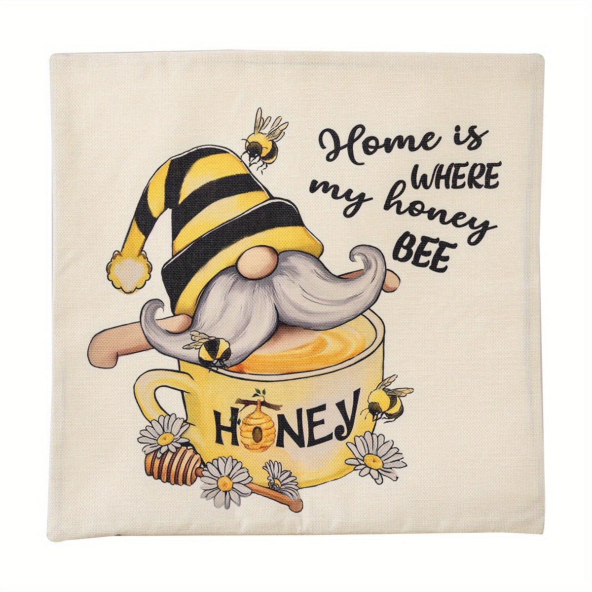 Square Linen Cushion Cover 18''x18'' Spring Summer Bee Pillow Cover