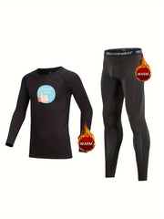 Kids Compression Fleece Sets Cartoon Pattern Pullover & Pants Body con Bot