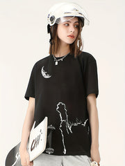 Cat And Moon Graphic Short Sleeve Top Printed T shirt Women's Activewear