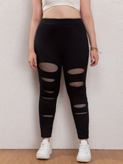 Casual Leggings Women's Plus Solid Cut Out Contrast Mesh High Rise Leg