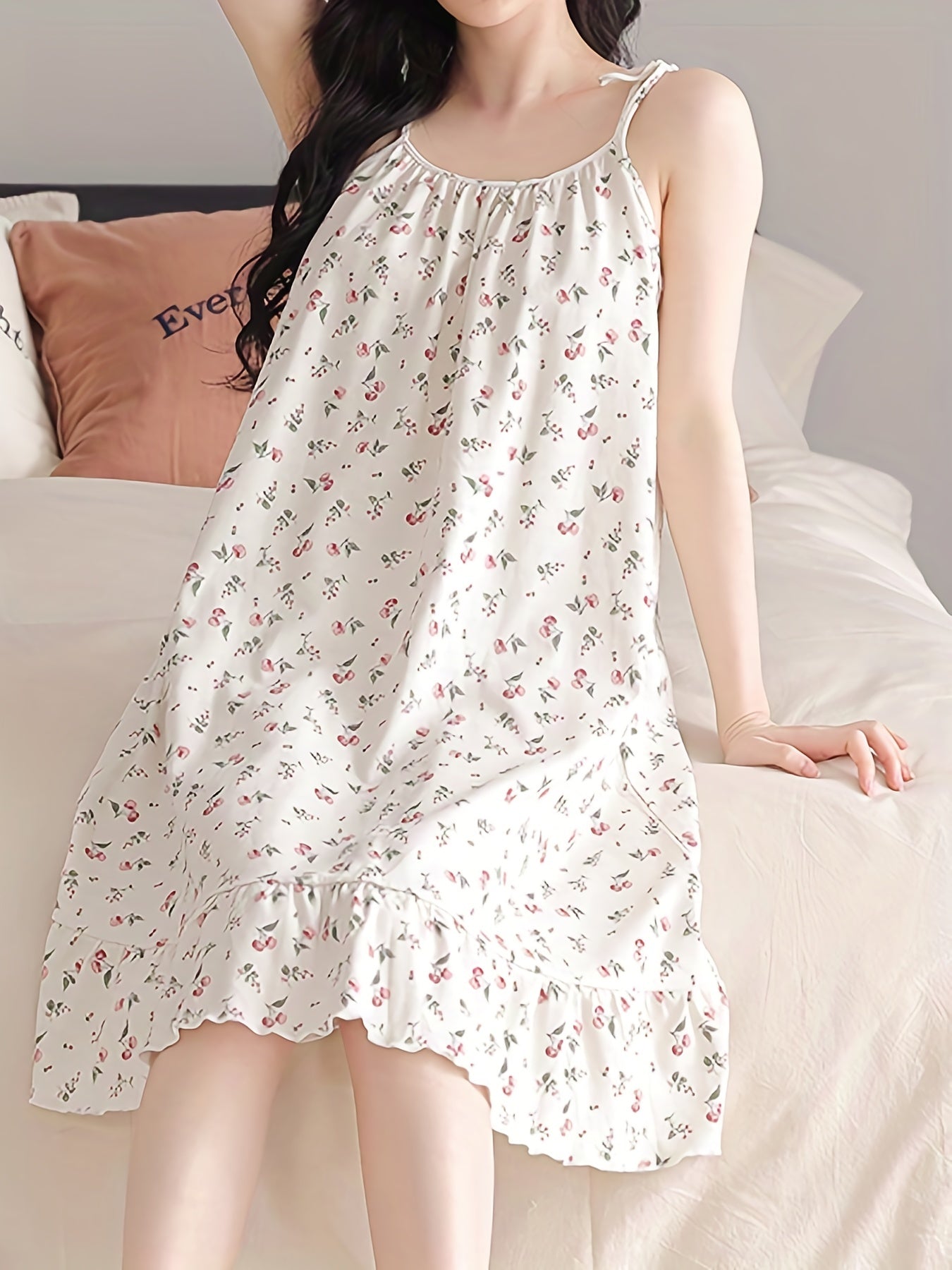 Floral Print Slip Nightdress Lace Up Ruffle Sleep Dress Women's Sleepwear
