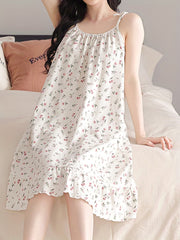 Floral Print Slip Nightdress Lace Up Ruffle Sleep Dress Women's Sleepwear