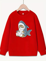 Kitten & Shark Pattern Round Neck Sweatshirt For Girls