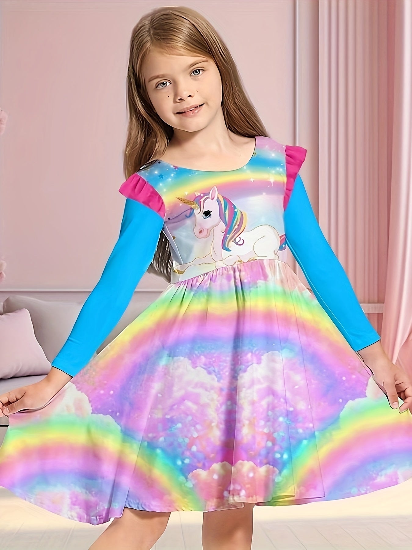Sweet Unicorn Print Crew Neck Flutter Trim Long Sleeve Dress