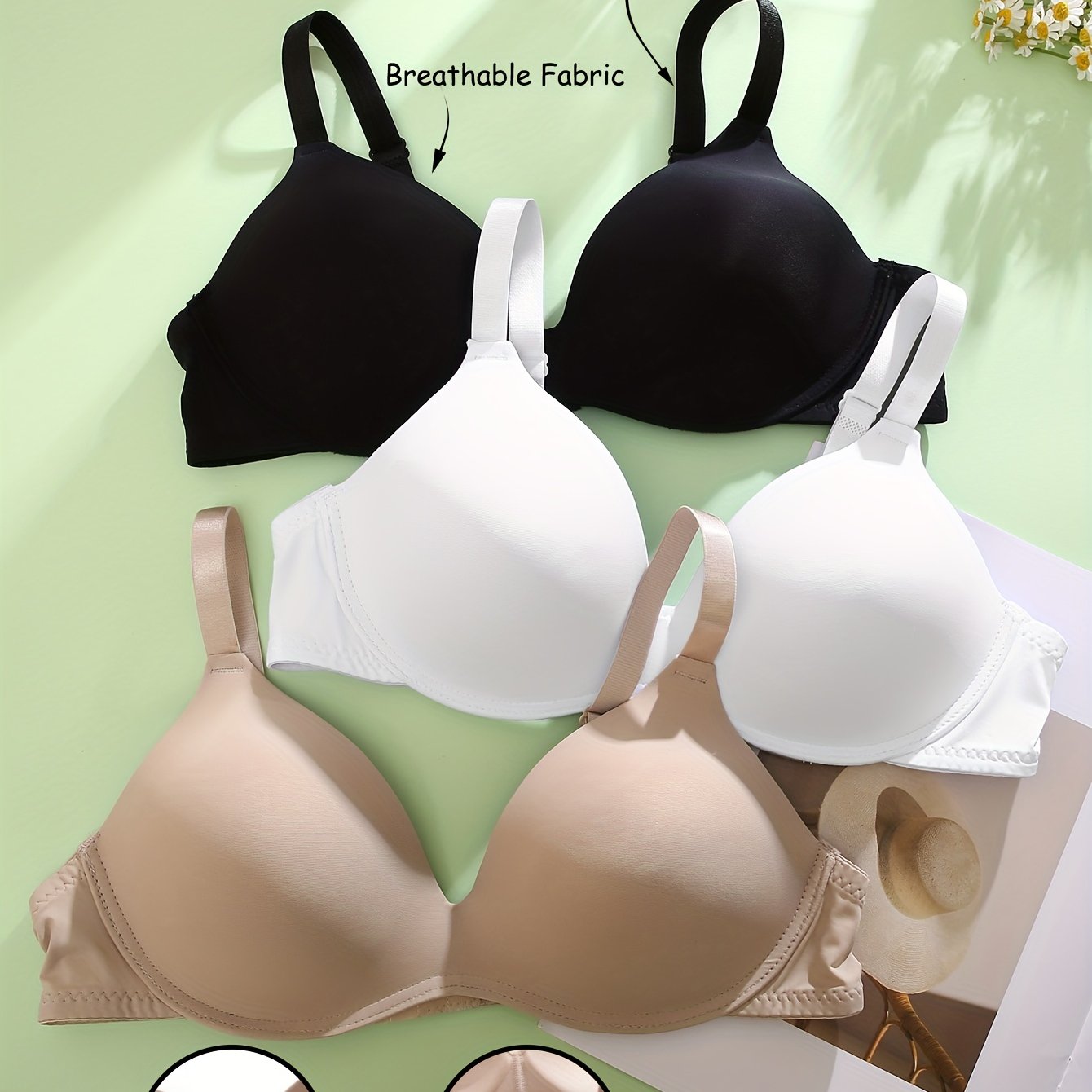 3pcs Solid T Shirt Bras Push Up Bra Women's Lingerie