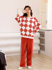 Cartoon Print Pajama Set Warm Long Sleeve Crew Neck Top & Lounge Pants