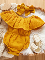 Baby Girls Ruffle Cotton Linen Romper Headband Bodysuit