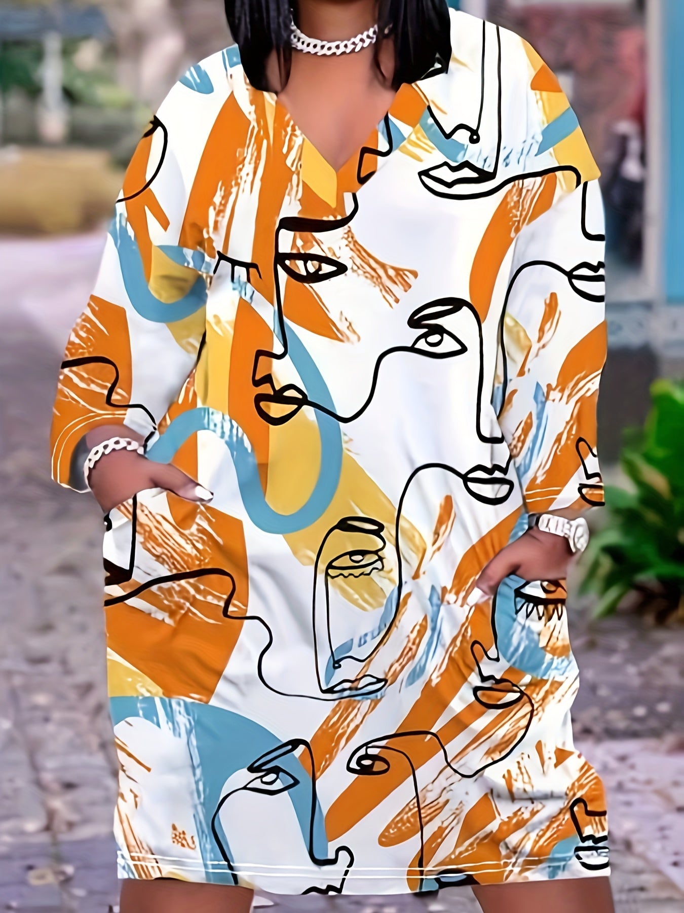 Graffiti Print Long Sleeve V Neck Tee Dress