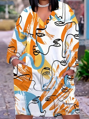 Graffiti Print Long Sleeve V Neck Tee Dress