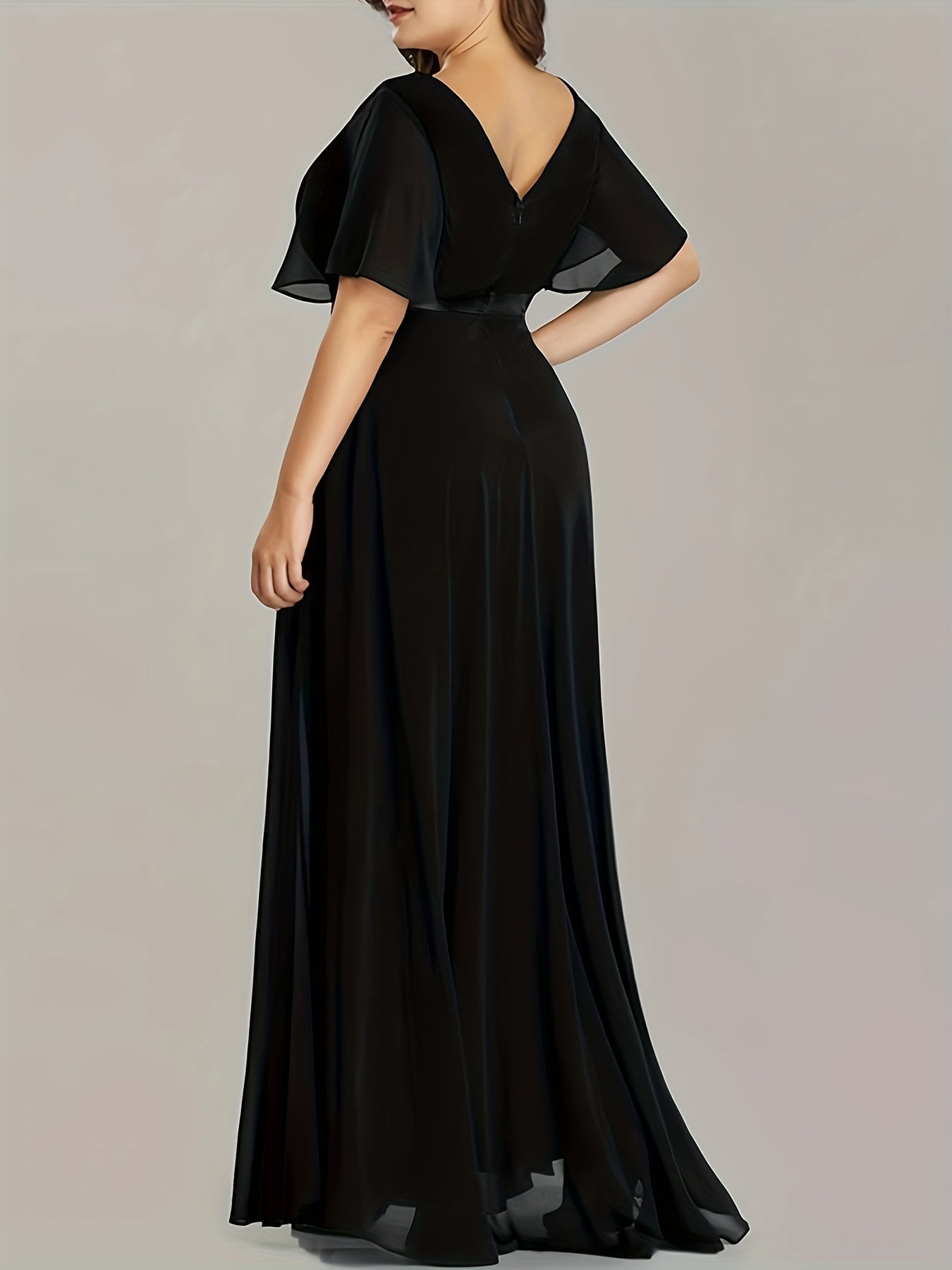 Solid Ruffle Sleeve Maxi Formal Evening Dress