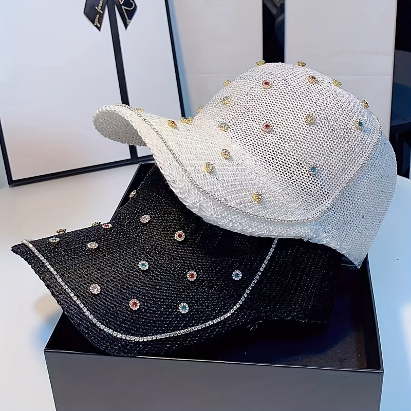 Rhinestone Decor Knitted Baseball Cap Sun Hat for Women