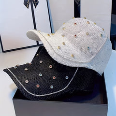Rhinestone Decor Knitted Baseball Cap Sun Hat for Women