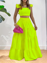 Ruffle Trim Crop Top & Maxi Skirts Set Women's Clothing