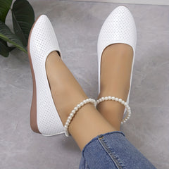 Perforated Pointed Toe Flats Faux Pearl Ankle Strap Shoes