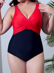 Sexy Swimsuit Colorblock Cross Front V Neck One Piece Bathing Suit
