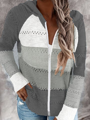 Zip Up Knit Cardigan Hollow Hooded Sweater