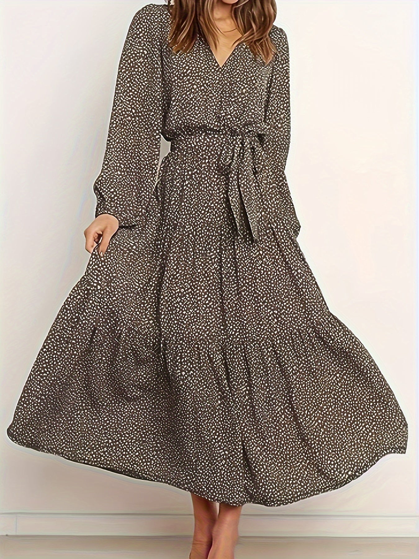 Plus Dot Print Lantern Sleeve V Neck Maxi Smock Dress With Belt
