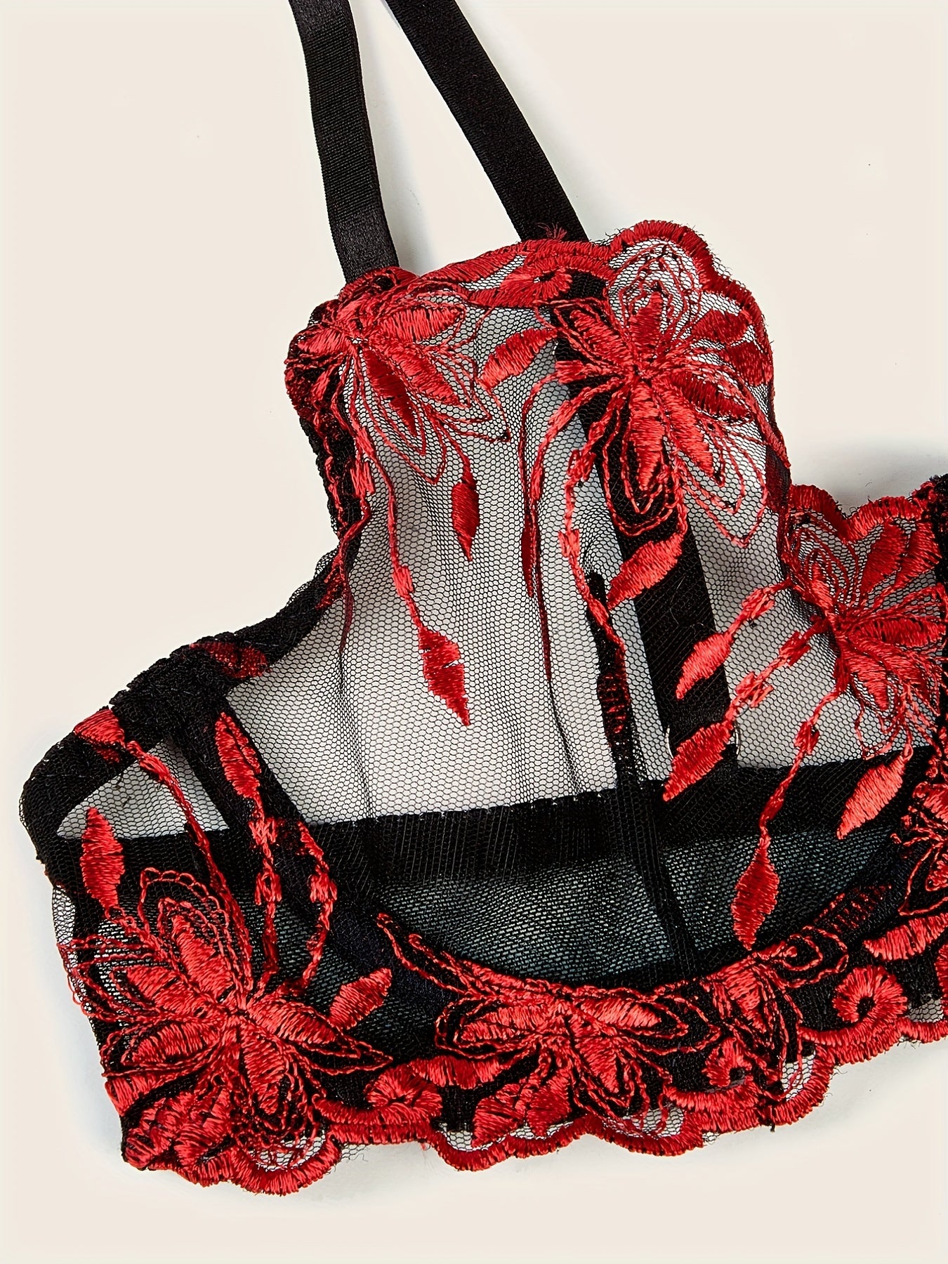 Floral Lace Lingerie Set Sheer Unlined Bra & Mesh Panties