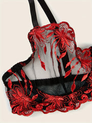 Floral Lace Lingerie Set Sheer Unlined Bra & Mesh Panties
