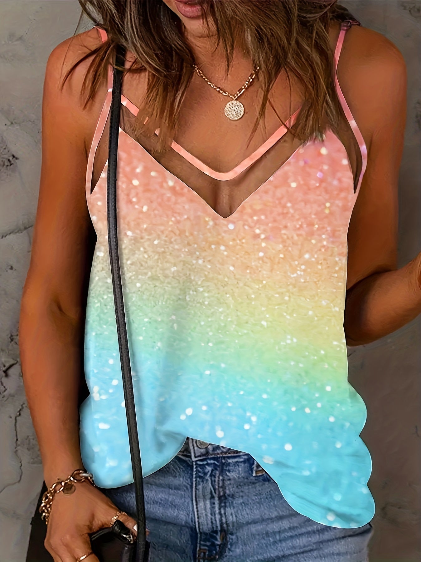 Gradient Print Cami Top V Neck Sleeveless Summer Top