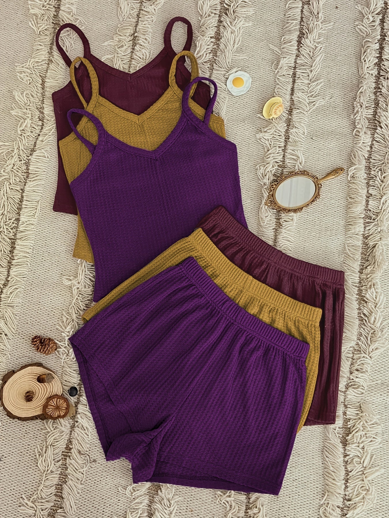 Waffle Knit Pajama Set: V Neck Cami Top & Shorts - 6 Pc