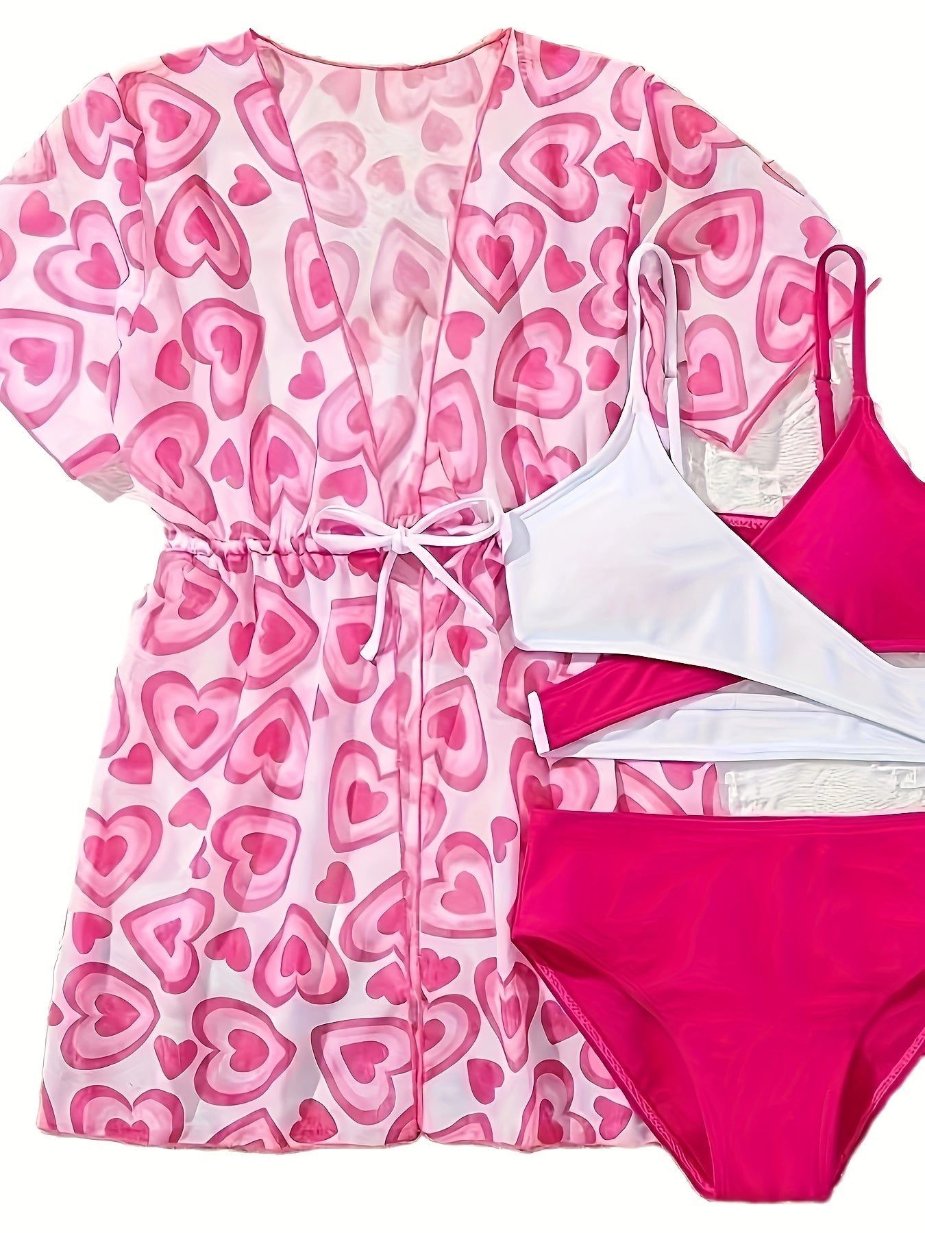 Sweet Heart Graphic Cover Up Splicing Cami Top Briefs Set