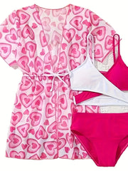 Sweet Heart Graphic Cover Up Splicing Cami Top Briefs Set
