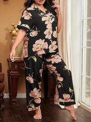 Floral Pajama Set Short Sleeve Button Up Plus Size Loungewear